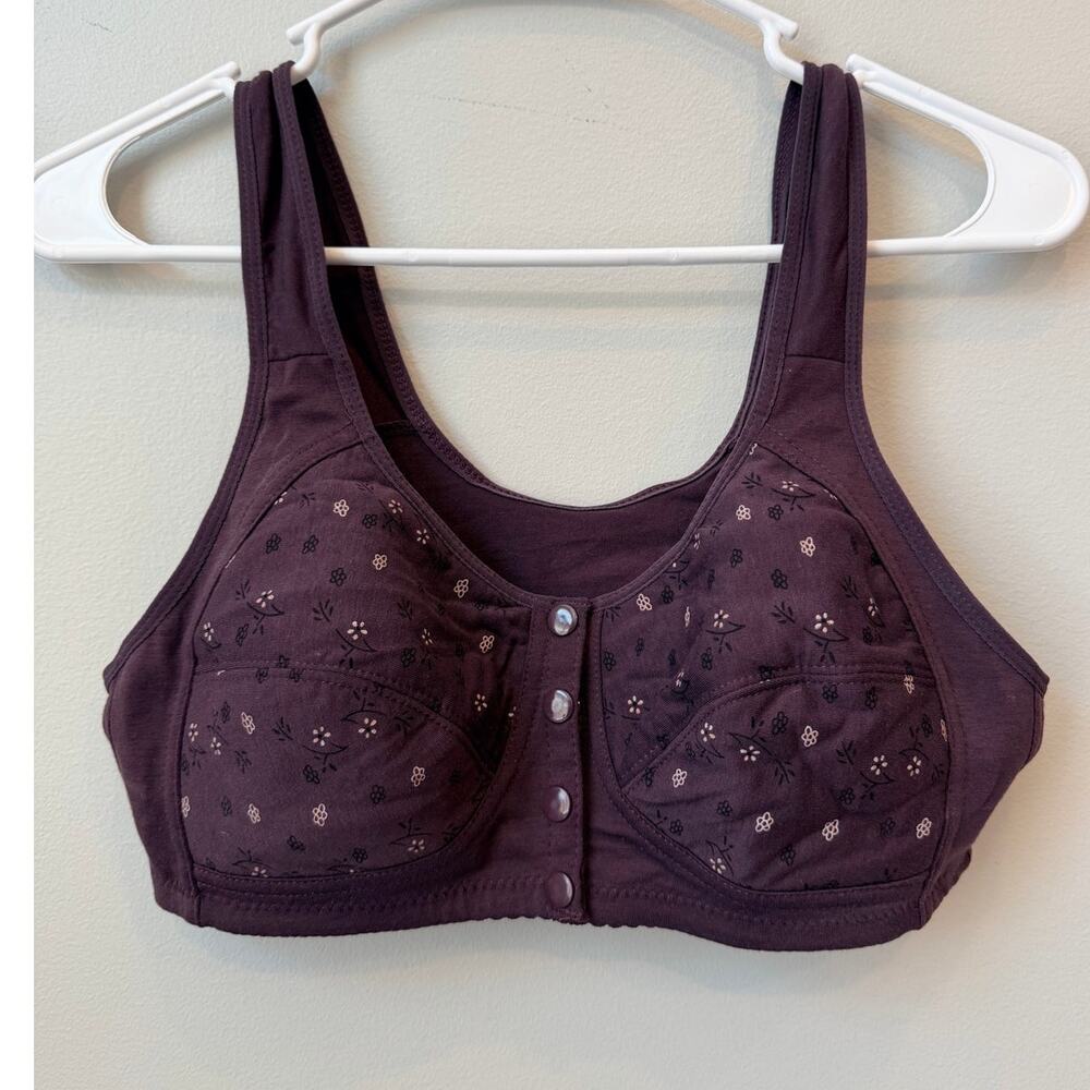 Wireless Easy Front Closure Comfort Bra Plum Floral Print Snap Button Size L